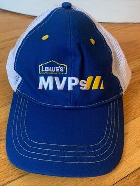 Lowe’s  MVPs blue trucker cap with white mesh back and yellow accents